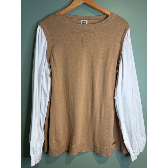 Anne Klein Women’s XL tan Knit Top White Sleeves Preppy Fall Academia Chic - Picture 1 of 7
